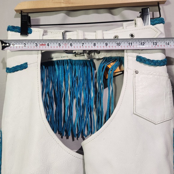 Leather King Western Biker Chaps White w Turquoise Fringe Small Side Zip NEW - Picture 9 of 9